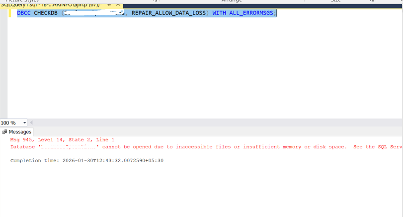 Getting SQL Error 945 Running DBCC CHECKDB command