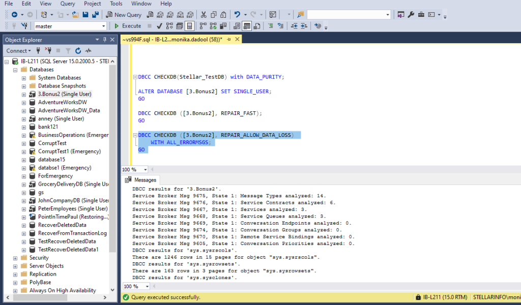 Running DBCCCHECKDB REPAIR ALLOW DATA LOSS Command With Output