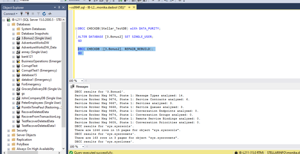 Running DBCC CHECKDB  Repair Rebuild Command to Repair SQL Database 