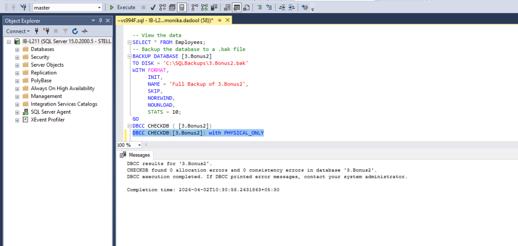 Running DBCC CHECKDB  wITH Physical Only 