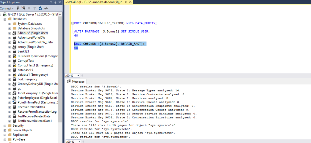 Running DBCC CHECKDB Command with Repair-Fast Command