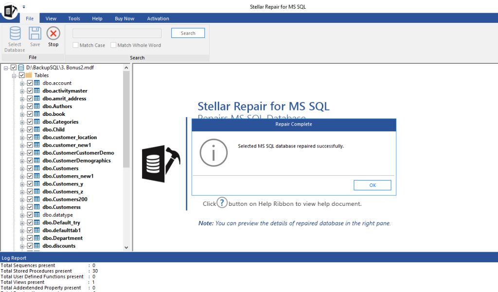 Selected Database Repaired Successfully Message