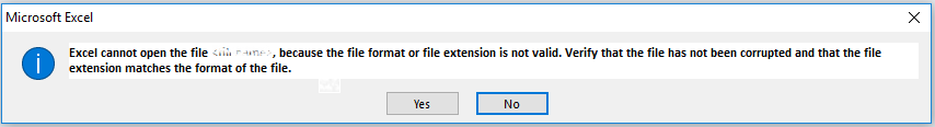 Image of Excel File Format Or Extension is Not Valid error message
