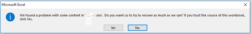 Image of Excel Found Unreadable Content error message