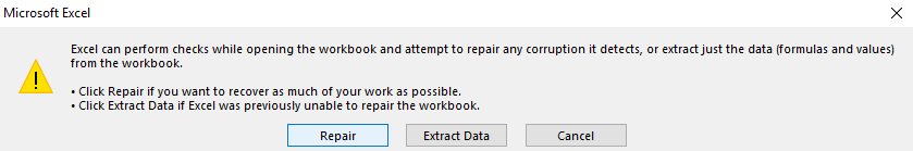Image of Excel warning message after using open and repair in-built utility.