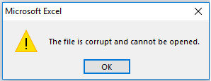 Image Of Excel File Corruption error Message