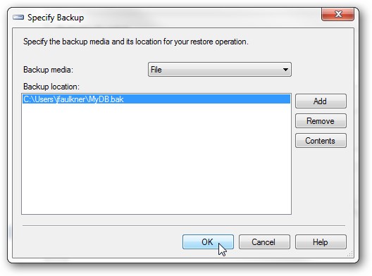 insert the backup file location