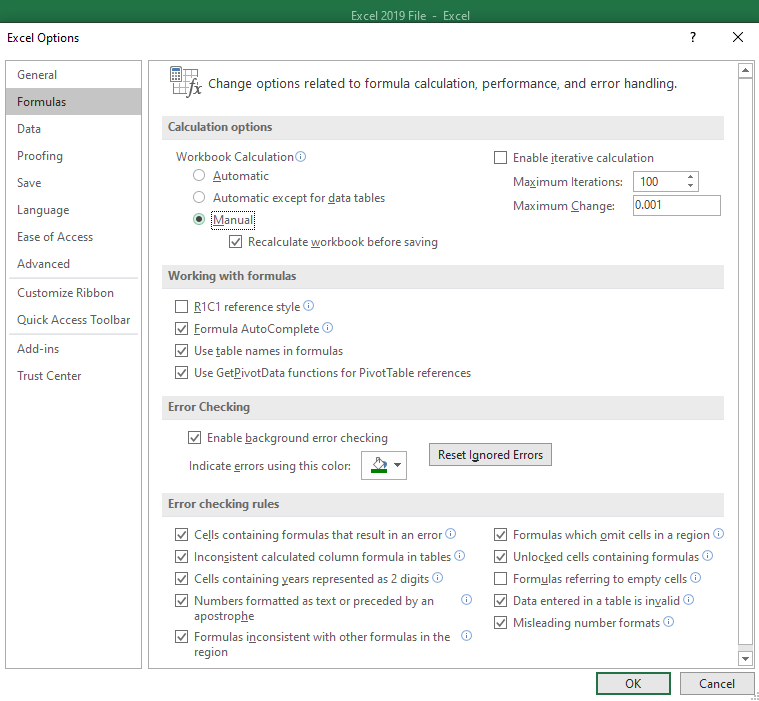 Access the Formulas category, go to Calculation options, choose Manual, and confirm the changes by clicking OK.