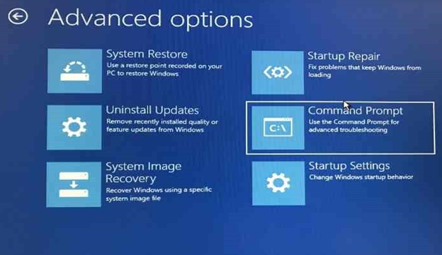 Advanced Options command prompt screen