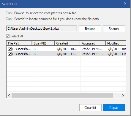 Image of Repair Process window after selecting the files to be repaired