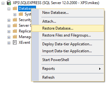 select Restore Database by right- clicking the Database