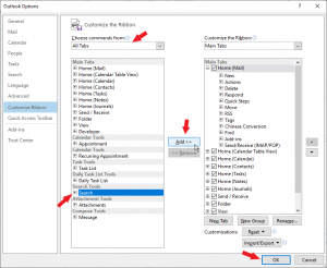 Go to File > Options > Customize. Select All Tabs under ‘Choose commands from’ section.