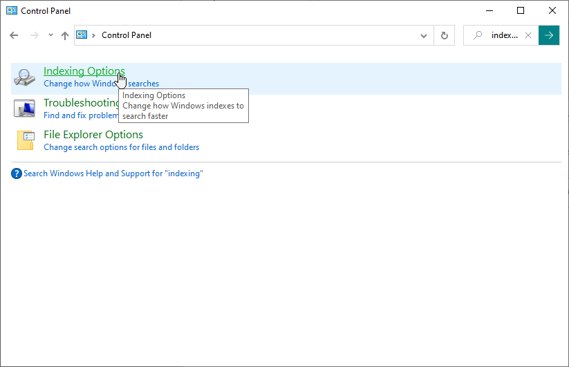 open Indexing Options