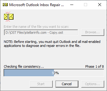 Press Start to Scan the Outlook PST File