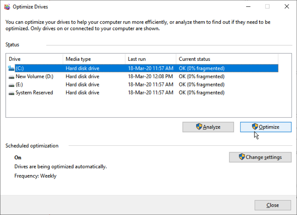 Select the Drive where PST file is stored and click Optimize