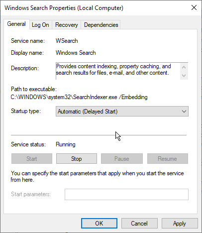 double click on ‘Windows Search’ and select ‘Automatic (Delayed Start)’ in ‘Startup Type’ drop-down