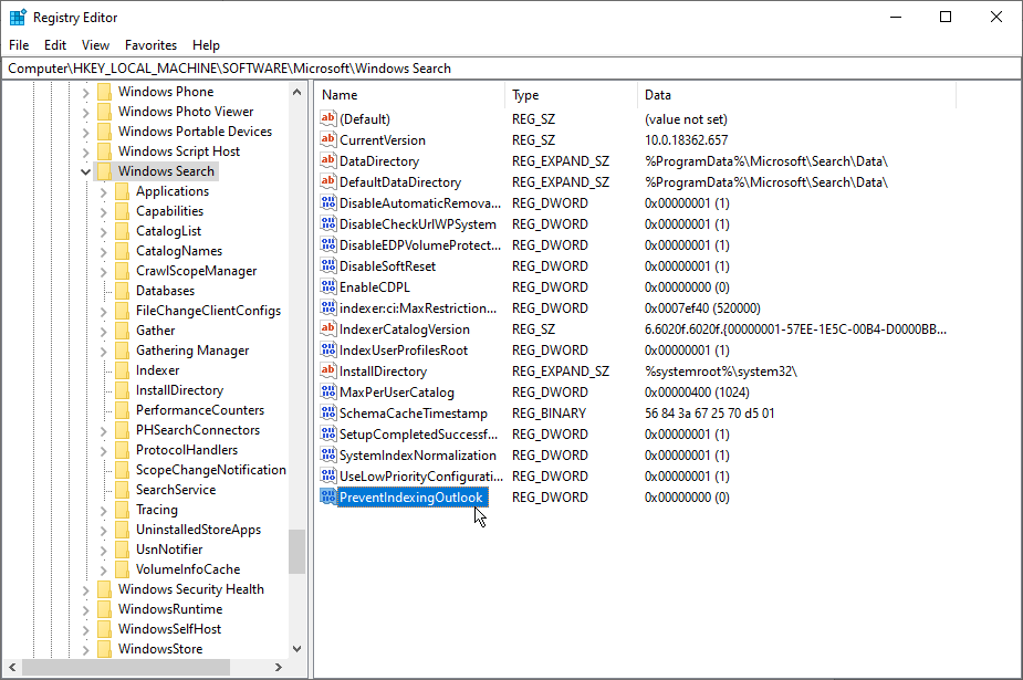 Name the Dword as ‘PreventIndexingOutlook’