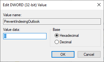 Double-click on PreventIndexingOutlook. Enter 0 in Value data: field and click ‘OK