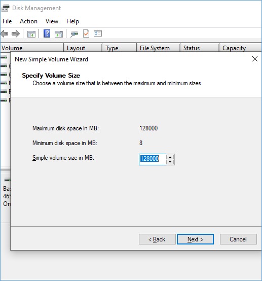  specify volume size window