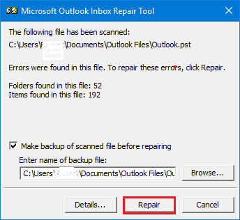 Press Repair to Repair PST file