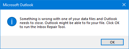 Outlook Error: Something is wrong with one of your data files and Outlook needs to close