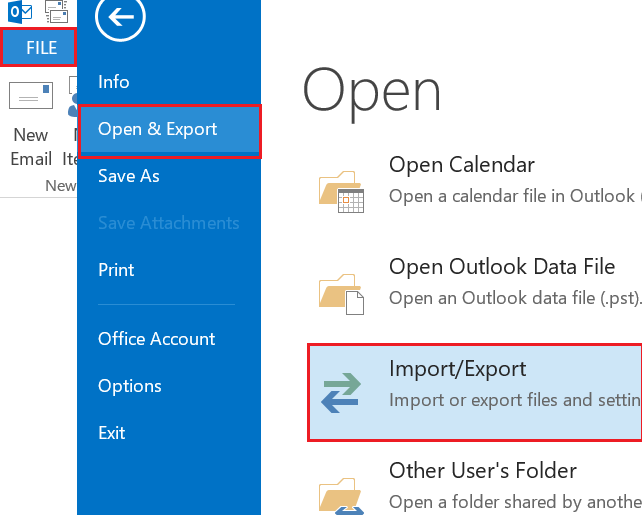 import/export option in outlook
