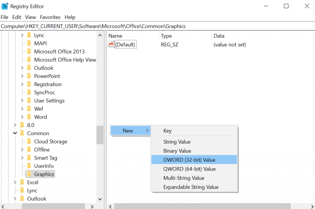 Press New>DWORD (32-bit) Value