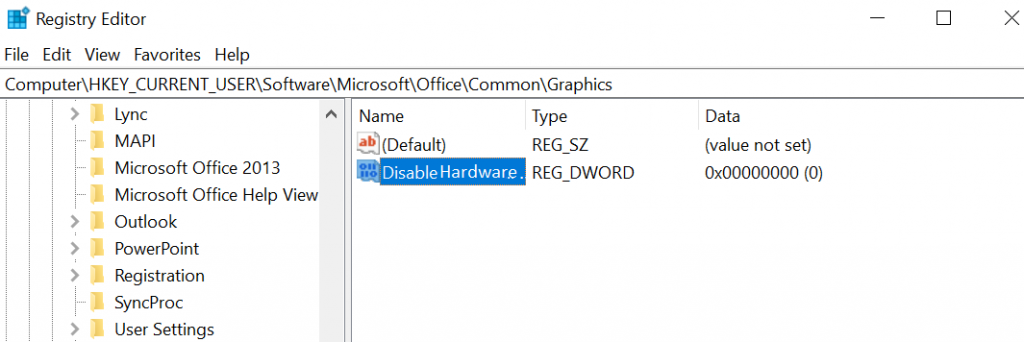 Double click on DisableHardwareAcceleration