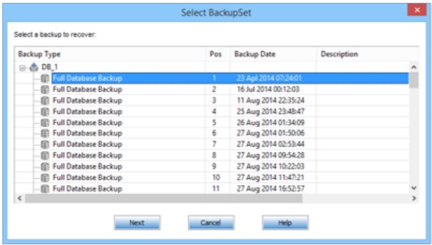 List of available backups in BackupSet