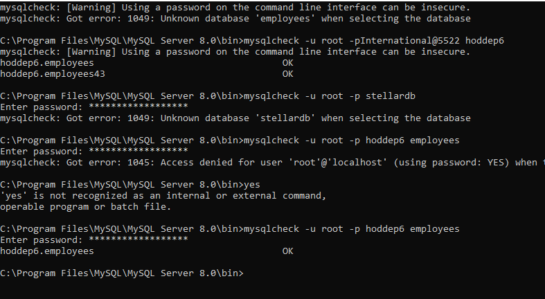 check MySQL database for corruption in CMD window