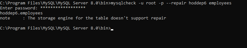 The storage engine for the table does not support repair” error
