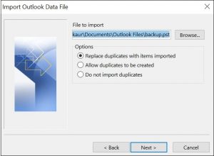 Browse and select outlook pst file backup