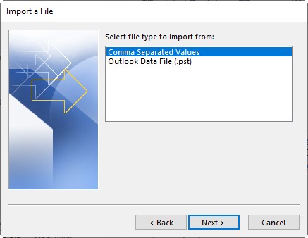 Choose comma separated values from Import a File window