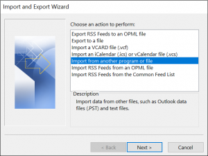 Import from another program or file option in Outlook