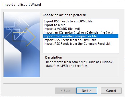 Choose the file you want to export in Outlook 'Import and Export' wizard
