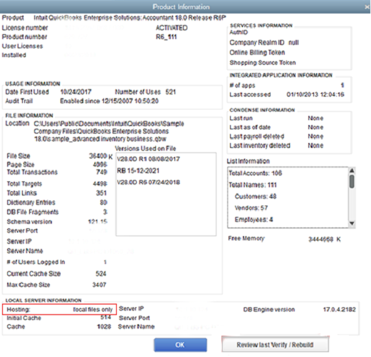 QuickBooks product information screen with hosting set to local files only