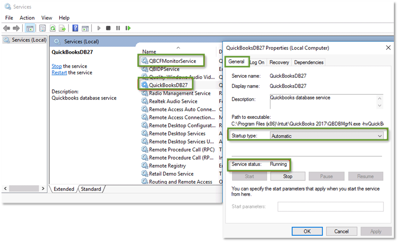 QuickBooks Services Window