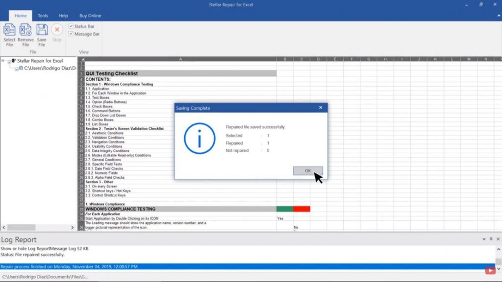 Repaired Excel file saved