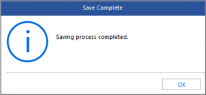 A dialog box with the message 'Saving process completed' and an 'OK' button.