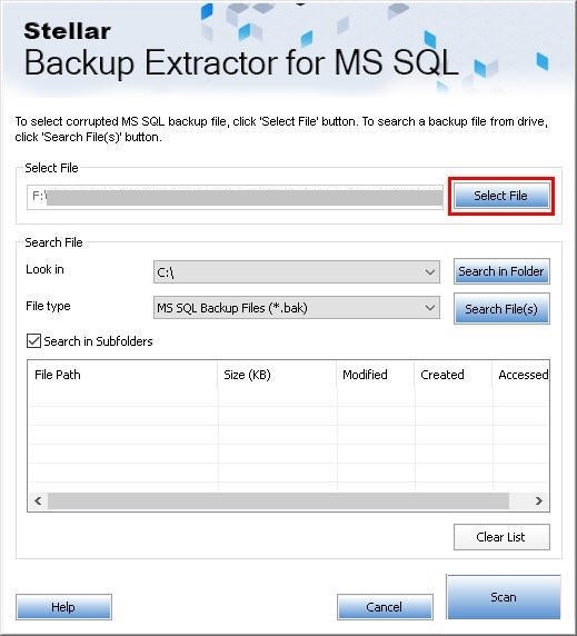 Select corrupt SQL database backup (.bak) file
