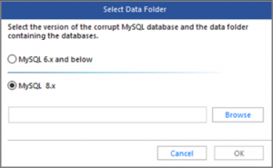  A screenshot of the 'Select Data Folder' window with the MySQL version selection highlighted.