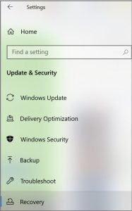 Select recovery option in Update & Security