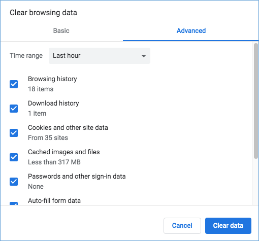 Clear browsing data window