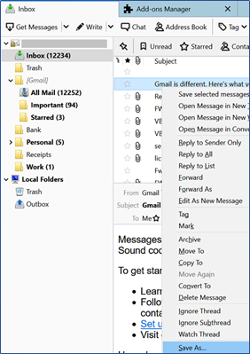 Export selected emails: Right-click or CTRL + A, then Save As.