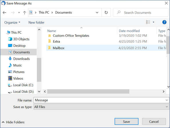 In Save Message: Choose folder, click Save.