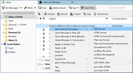 Save thunderbird messages in eml format