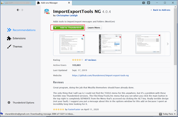 Add ImportExportTools NG to Thunderbird for seamless integration.