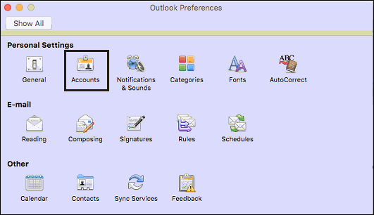 In Outlook Preferences, select Accounts under Personal Settings.