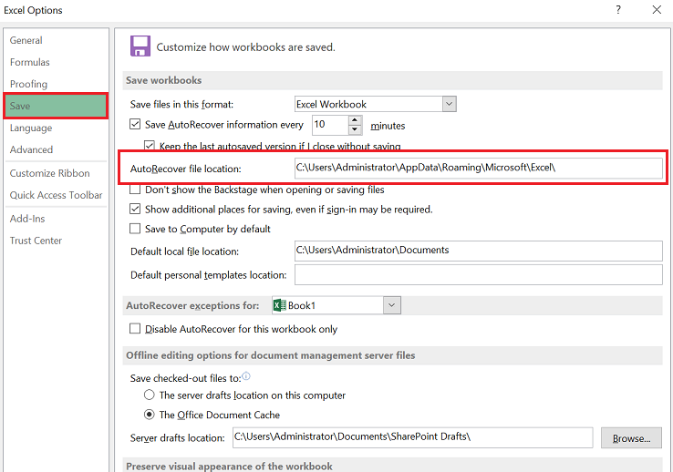 Copy the 'AutoRecover file location' for configuration or backup purposes.