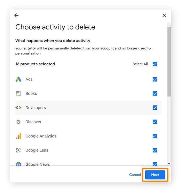 Choose the type of activities you want to delete